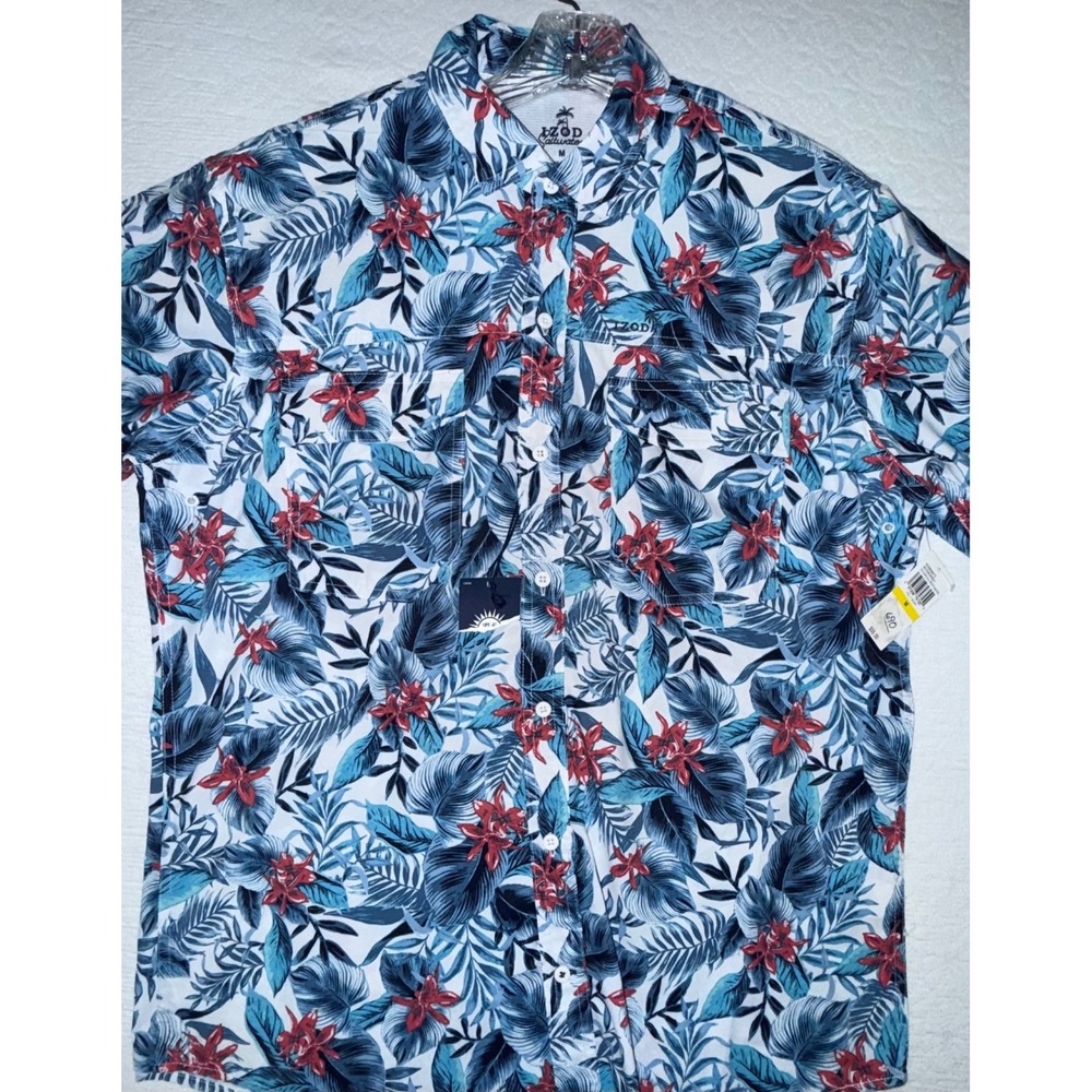 IZOD Button Down Mens Medium Blue Saltwater Tropical Floral UPF-45‎ Shirt - Picture 2 of 12